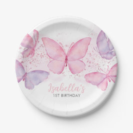 ピンクパープルバタフライ1st誕生日パーティーガール ペーパープレート