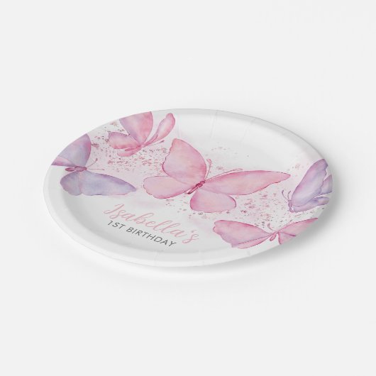 ピンクパープルバタフライ1st誕生日パーティーガール ペーパープレート (アングル)