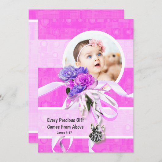 ピンクパープルバラフラワーシルバーエンジェル写真 招待状 (正面/裏面)