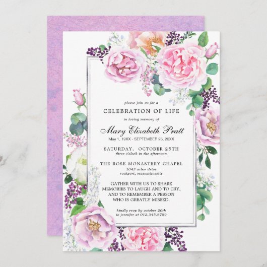 ピンクパープルバラフローラお祝い 招待状 (正面/裏面)