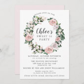 ピンクパープルバラフローラリースSweet sixteenパーティー 招待状 (正面/裏面)