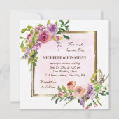 ピンクパープルバラ金ゴールドフレームクリスチャン結婚ズ 招待状 (正面)