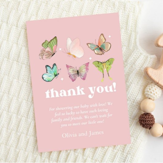 ピンクパープルパステルバタフライガールベビーシャワー サンキューカード