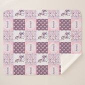 ピンクパープルパッチワークユニコーンハート名前をカスタムする シェルパブランケット (正面(横))