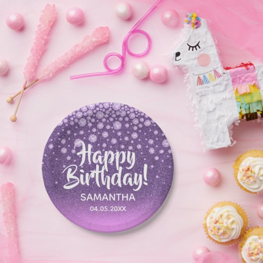 ピンクパープルピンクグリッターハッピーバースデーダイヤモンド ペーパープレート (パーティー)