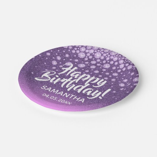 ピンクパープルピンクグリッターハッピーバースデーダイヤモンド ペーパープレート (アングル)