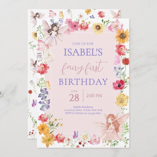 ピンクパープルフェアリーファースト誕生日 招待状 (正面/裏面)