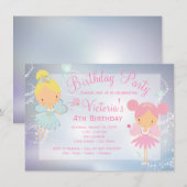 ピンクパープルフェアリープリンセスガールバースデーパーティー 招待状 (正面/裏面)
