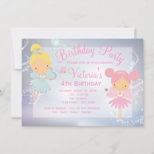 ピンクパープルフェアリープリンセスガールバースデーパーティー 招待状 (正面)