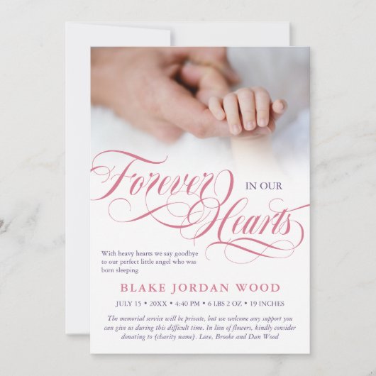 ピンクパープルフォーエバーで我々のハートベビーメモリアル 案内状 (正面)