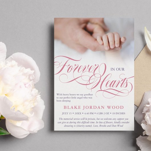 ピンクパープルフォーエバーで我々のハートベビーメモリアル 案内状