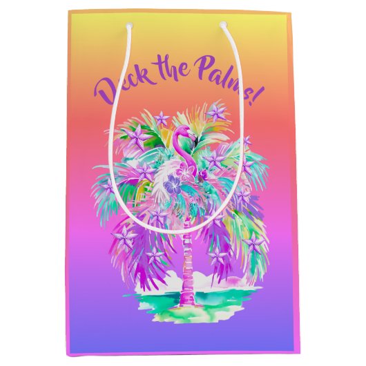 ピンクパープルフラミンゴ熱帯パーソナライズされた島 ミディアムペーパーバッグ (正面)