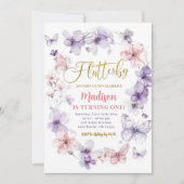 ピンクパープルフルタビーフローラバタフライ誕生日 招待状 (正面)