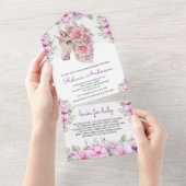 ピンクパープルフローラかわいらしユニコーン赤ちゃんシャワー オールインワン招待状 (貼ってはがせる)