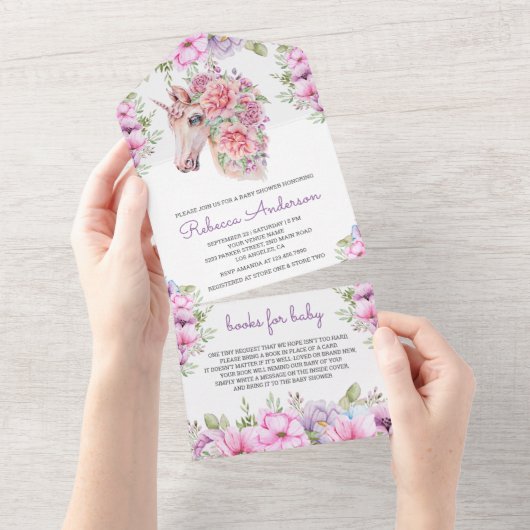 ピンクパープルフローラかわいらしユニコーン赤ちゃんシャワー オールインワン招待状 (貼ってはがせる)