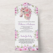 ピンクパープルフローラかわいらしユニコーン赤ちゃんシャワー オールインワン招待状 (内側)