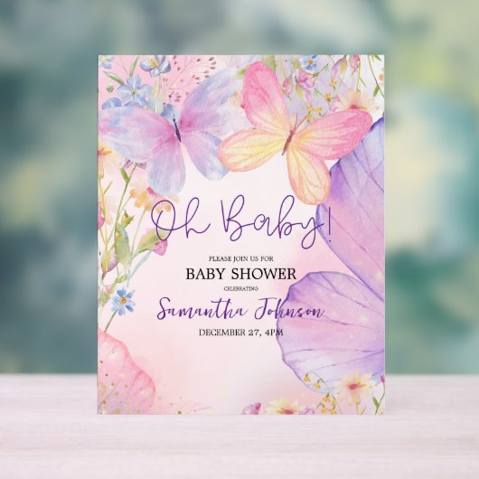 ピンクパープルフローラオベビーバタフライベビーシャワー アクリルサイン (ニュートラル)