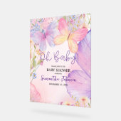 ピンクパープルフローラオベビーバタフライベビーシャワー アクリルサイン (傾斜)