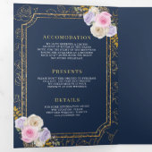 ピンクパープルフローラオールインワンクレストネイビー結婚ズ 三つ折り招待状 (内部最初)