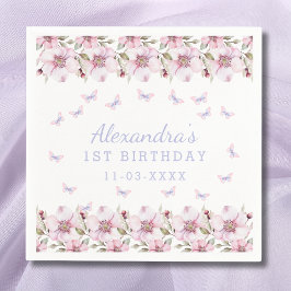 ピンクパープルフローラガールバタフライ1st誕生日 スタンダードカクテルナプキン
