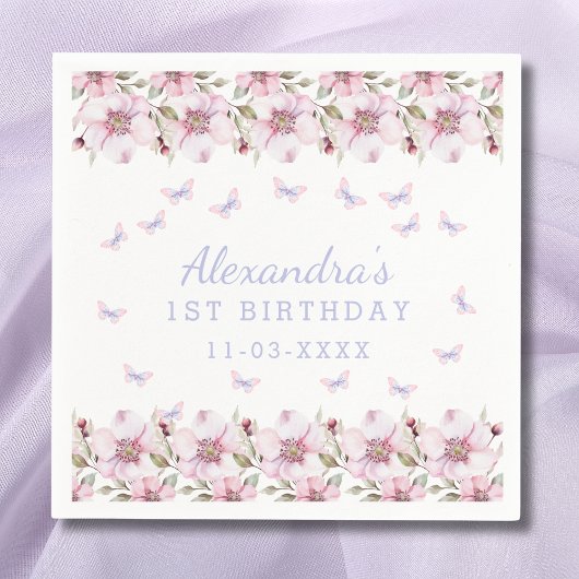 ピンクパープルフローラガールバタフライ1st誕生日 スタンダードカクテルナプキン