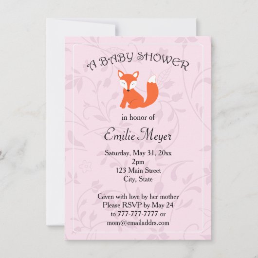 ピンクパープルフローラキツネウッドランドベビーシャワー 招待状 (正面)