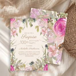 ピンクパープルフローラサプライズ100誕生日 招待状