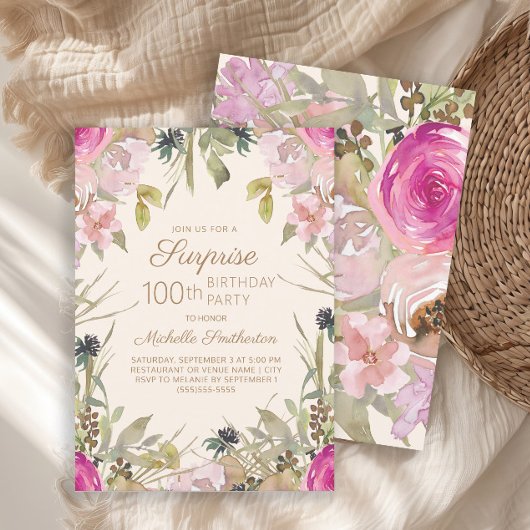 ピンクパープルフローラサプライズ100誕生日 招待状