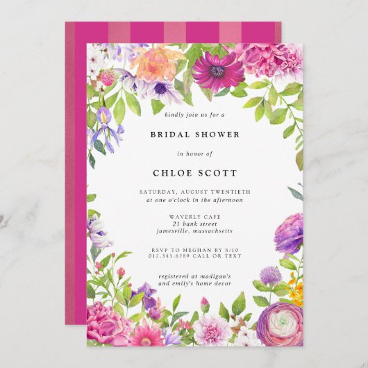 ピンクパープルフローラサマーブライダルシャワー 招待状 (正面/裏面)