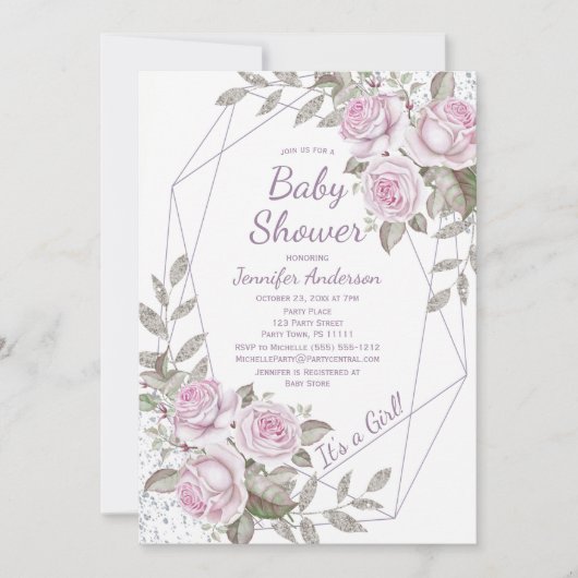 ピンクパープルフローラシルバーグリッターガールベビーシャワー 招待状 (正面)
