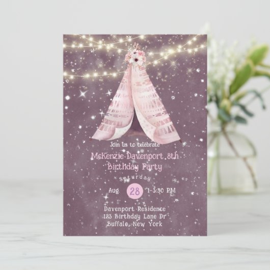 ピンクパープルフローラティーピーガールバースデーパーティーInv 招待状 (スタンド正面)