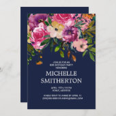 ピンクパープルフローラネイビーブルー80誕生日 招待状 (正面/裏面)