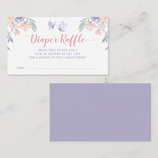 ピンクパープルフローラバタフライおむつラッフルチケット エンクロージャーカード (正面/裏面)