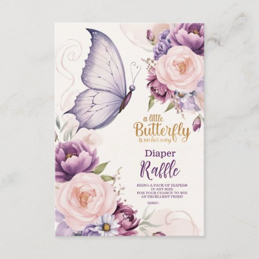 ピンクパープルフローラバタフライガールおむつラッフル エンクロージャーカード (正面)