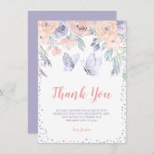 ピンクパープルフローラバタフライガールベビーシャワー サンキューカード (正面/裏面)