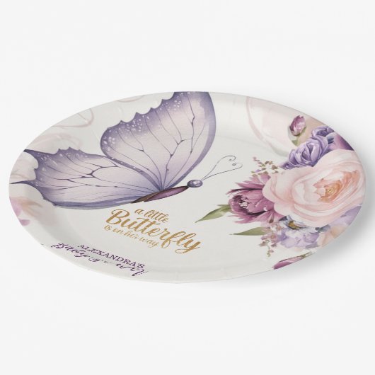 ピンクパープルフローラバタフライガールベビーシャワー ペーパープレート (アングル)