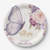 ピンクパープルフローラバタフライガールベビーシャワー ペーパープレート (正面)