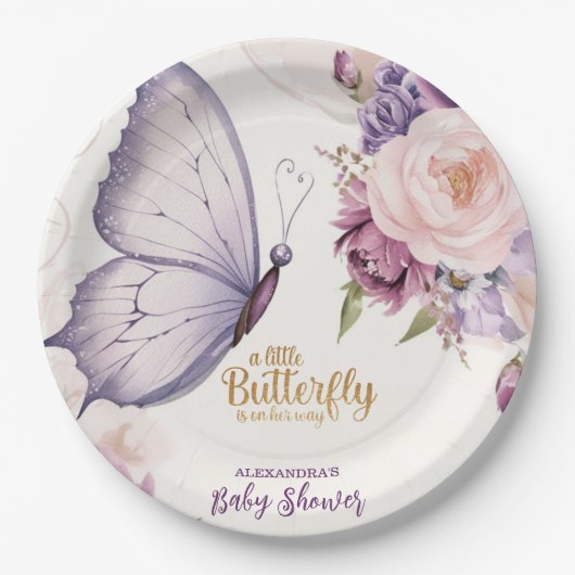 ピンクパープルフローラバタフライガールベビーシャワー ペーパープレート (正面)