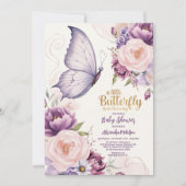 ピンクパープルフローラバタフライガールベビーシャワー 招待状 (正面)