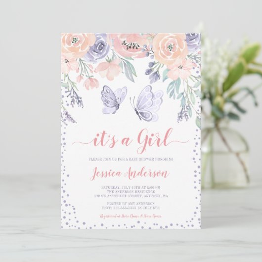 ピンクパープルフローラバタフライガールベビーシャワー 招待状 (スタンド正面)