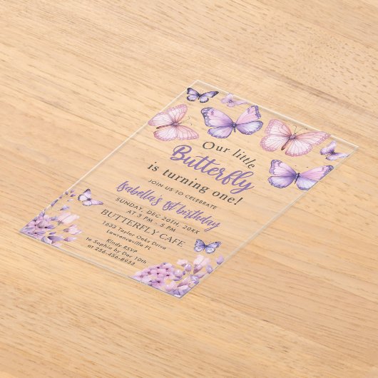 ピンクパープルフローラバタフライガール1st誕生日 アクリル招待状 (レイダウン)