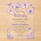 ピンクパープルフローラバタフライガール1st誕生日 アクリル招待状 (正面)