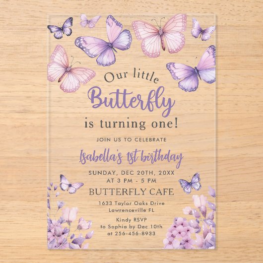 ピンクパープルフローラバタフライガール1st誕生日 アクリル招待状 (正面)