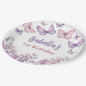 ピンクパープルフローラバタフライガール1st誕生日 ペーパープレート (アングル)