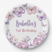 ピンクパープルフローラバタフライガール1st誕生日 ペーパープレート (正面)