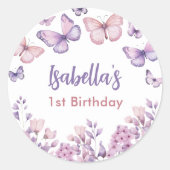 ピンクパープルフローラバタフライガール1st誕生日 ラウンドシール (正面)