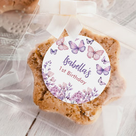 ピンクパープルフローラバタフライガール1st誕生日 ラウンドシール