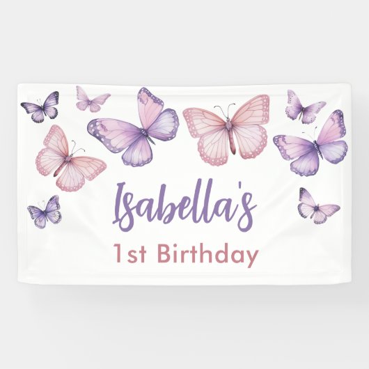 ピンクパープルフローラバタフライガール1st誕生日 横断幕 (横)