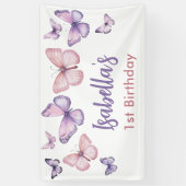 ピンクパープルフローラバタフライガール1st誕生日 横断幕 (縦)
