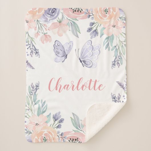ピンクパープルフローラバタフライパーソナライズされたガール シェルパブランケット (正面)